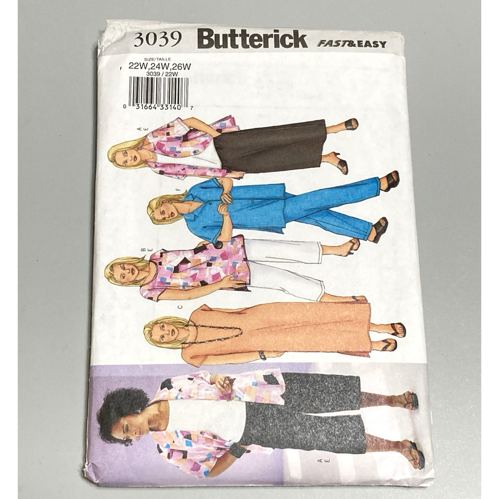 Y2K Butterick 3039 Petite Fast&Easy Top Tunic Dress Skirt Pants 22W-26W UNCUT